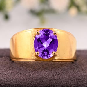 Sterling Silver Wide Band | Purple February Birthstone Ring | Gift for Husband Men&#39;s Purple Amethyst Ring, Bold Amethyst Ring for Men |