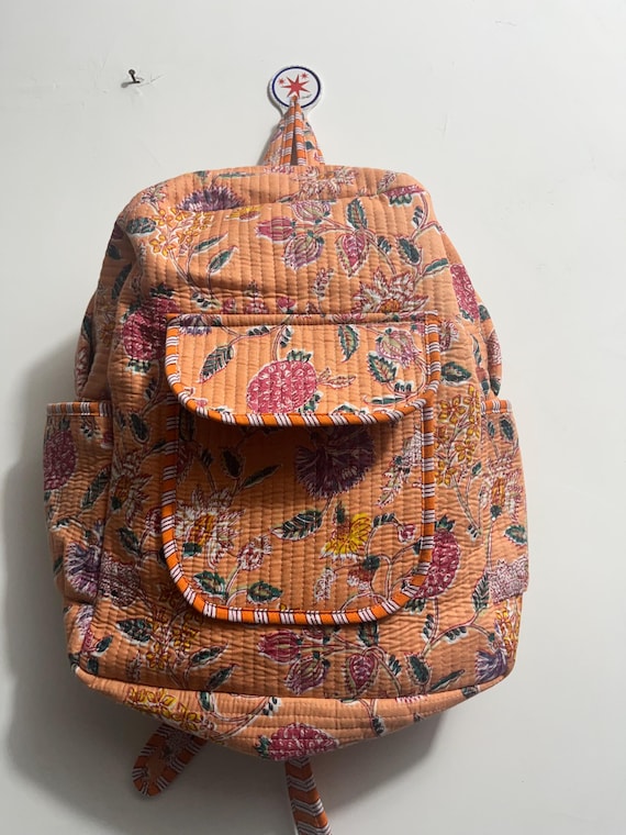 Orange Flower Handmade Quilted Cotton Backpack; Laptop  display picture 3