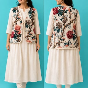 May include: A cream-colored midi dress with three-quarter sleeves and matching leggings, paired with a sleeveless vest featuring a floral print of red, pink, and dark green flowers on a cream background, with a thin tie closure at the front.