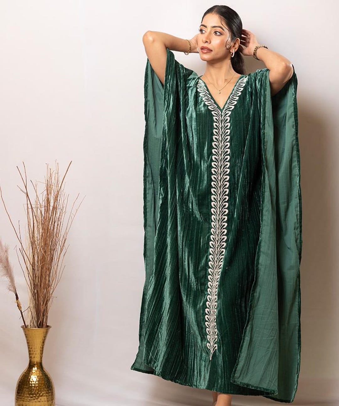 Emerald Green Velvet Caftan, Embroidered Maxi Dress, Luxury Winter ...