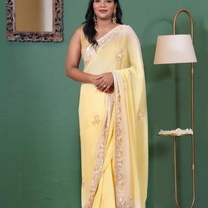 Ivory & Sunset Gold Aari Zardozi Hand-Embroidered Pure Georgette Saree | Embroidered Sarees With Stitched Blouse | Embroidered Sarees