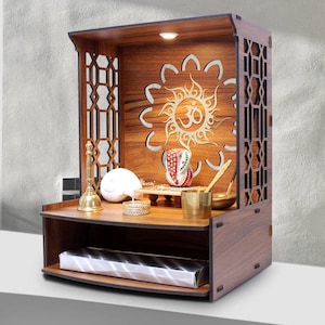 Beautiful Wooden Pooja Mandir Temple for Home and Office Puja Mandir Wall Mounted with LED Spot Light Size (H- 15.5, L- 11.5, W-11 Inch)