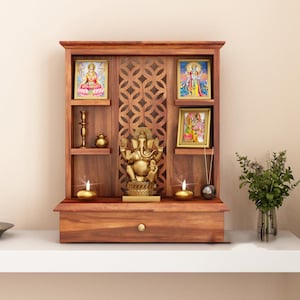Wooden Temple for Home and Office | Solid Wood Mandir for Puja Ghar with One Large Storage Drawer and 4 Shelf