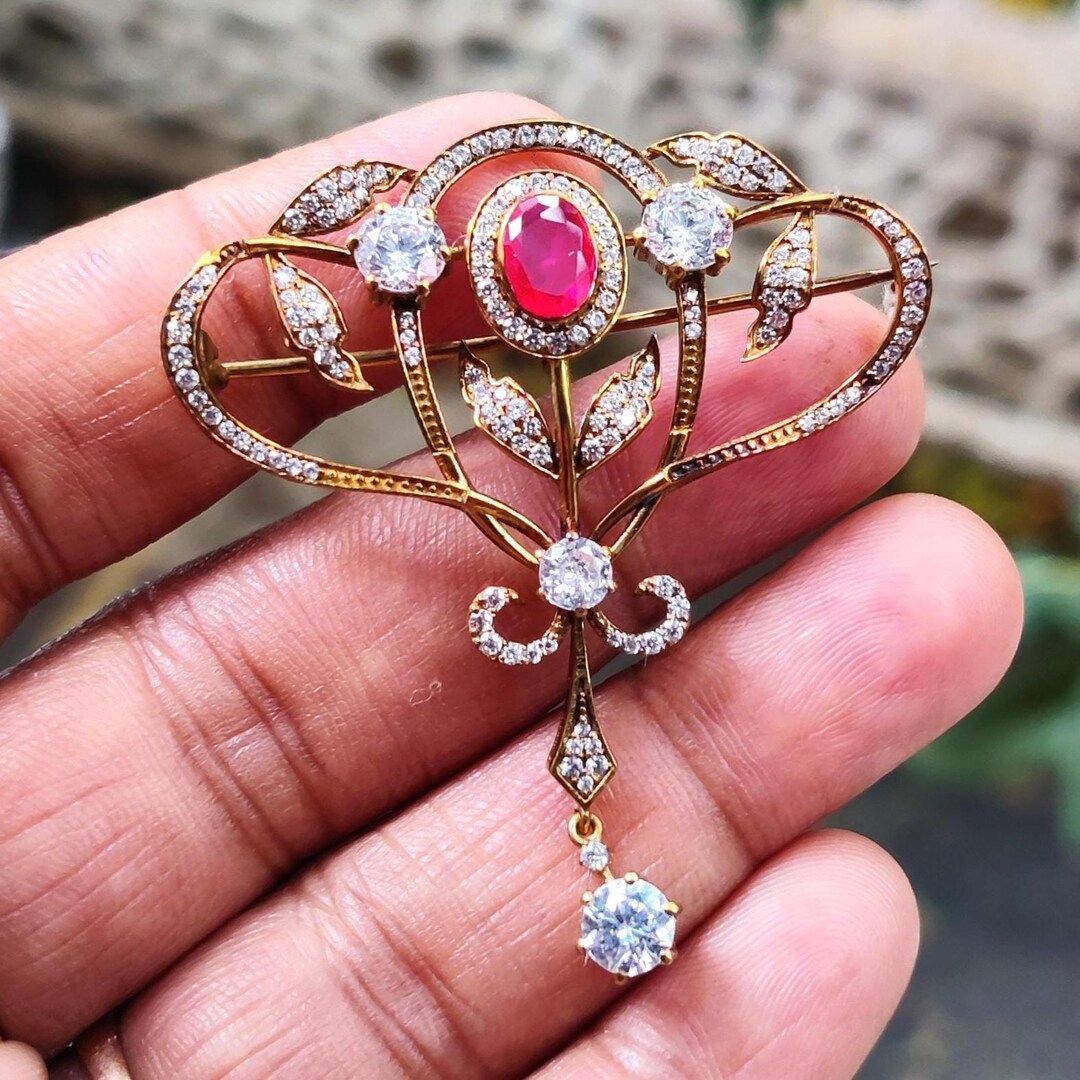 Red Ruby Brooch Pin Oval Cut Simulated Red Ruby Diamond Brooch Pin 14K ...
