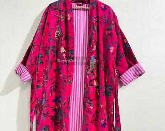 Floral Velvet Kimono Robe, Bohemian Cotton Lining, Free Size S-XXL