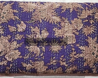 Floral Kantha Quilt: Indian Cotton Boho Bedspread, King/Queen Size
