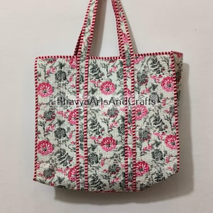 Hand-Printed Quilted Cotton Tote Bag: Large Reversible Ethnic Shopping Bag