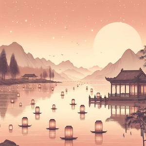 Sunset Lake Lanterns Art Print: Asian Landscape Wall Decor (Digital Download PNG File)