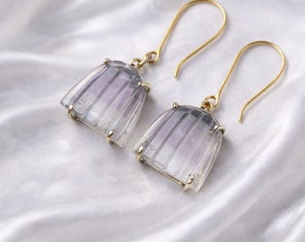Carved Fluorite Earrings Gold Plated | Purple Crystal Drop Earrings | Natural Gemstone Dangle Jewellery Gift
