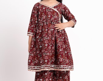Girls' Indian Kurta Sharara Set: Soft Cotton Angrakha Kurti Kids