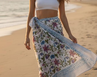 Hand Block Print Baumwolle Sarong | Strand Pareo wickeln | Boho Resort Wear Schal | Leichte Sommer Abdeckung | Handgefertigt in Indien