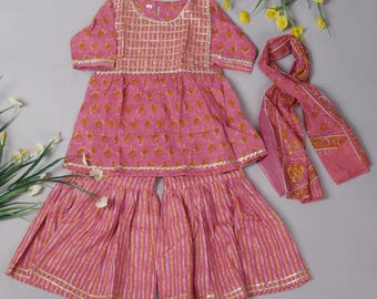 Girls' Pink Cotton Kurti Sharara Set: Traditional Indian Kids Outfit Kids