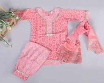 Organic Cotton Kurti Pant Dupatta Set: Kids Traditional Indian Dress