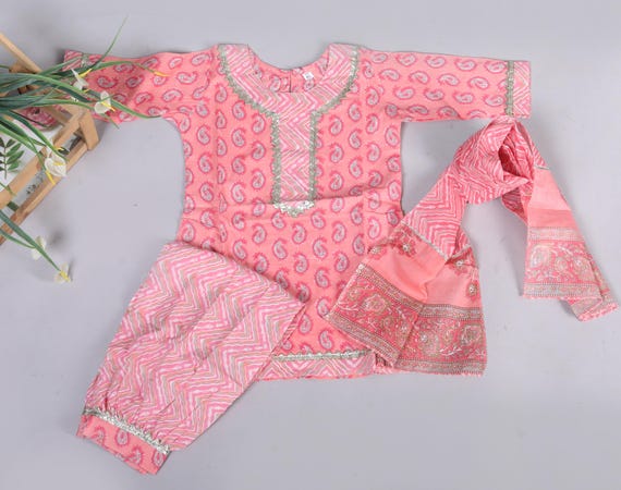 Organic Cotton Kurti Pant Dupatta Set: Kids Traditional Indian Dress