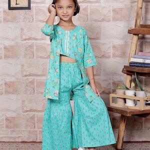 Conjunto KidsVilla Kurti Sharara | Vestido Afegão para Meninas | Roupa Étnica Infantil | Vestido Infantil | Presente Infantil | Algodão Orgânico | Vestido Tradicional Indiano