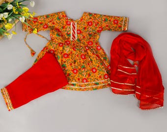 Komplet dziewczęcy kurti spodnie dupatta z bawełny organicznej: tradycyjny indyjski strój etniczny dla dzieci