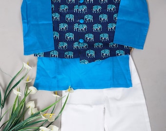 Jungen Bio-Baumwolle Kurta Pyjama Set: Handbedruckte indische ethnische Kleidung