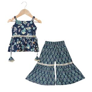 Conjunto KidsVilla Kurti Sharara | Vestido Afegão para Meninas | Roupa Étnica Infantil | Vestido Infantil | Presente Infantil | Algodão Orgânico | Vestido Tradicional Indiano