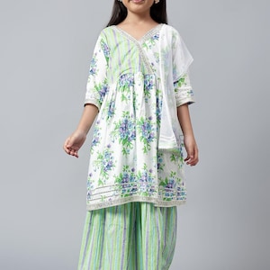 Conjunto KidsVilla Kurti Sharara | Vestido Afegão para Meninas | Roupa Étnica Infantil | Vestido Infantil | Presente Infantil | Algodão Orgânico | Vestido Tradicional Indiano