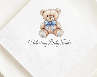 Personalized Teddy Bear Baby Shower Napkins, Custom Baby Shower Party Decor, Blue Bow Bear Theme Favor, Boy Baby Shower
