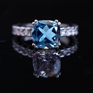 Blue Topaz Engagement Ring, London Blue Topaz Ring, November Birthstone Ring, Blue Topaz Cushion Cut Ring, Wedding Anniversary Gift for Her.