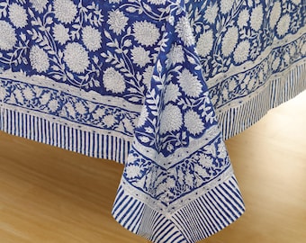Toalha de mesa indiana com estampa em bloco, capa de mesa floral em algodão, conjunto de toalha de mesa e guardanapos, toalha de mesa floral azul e branca, toalha de mesa retangular.