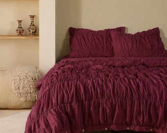 Housse de couette en coton bordeaux froissé, housse de couette bohème, housse de couette moderne, linge de lit pour dortoir, housse de couette, housse de couette bohème