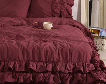 Triple Ruffled Cotton Duvet Cover Set | Stone Washed Bedding with Pillowcases | Farmhouse, Boho, Shabby Chic Style