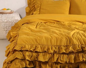 シャルトリューズイエローのリネンフリル付き寝具セット フリル付き