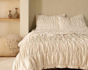 Parure de lit effet froissé, housse de couette bohème, ensemble de literie en coton, linge de lit doux et froissé, linge de lit bohème style ferme, décoration de chambre shabby chic