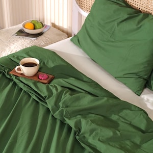 Moss Green Washed Linen Bedding Set: Duvet Cover With Button & Pillowcases Duvet Cover Twin Full Queen King