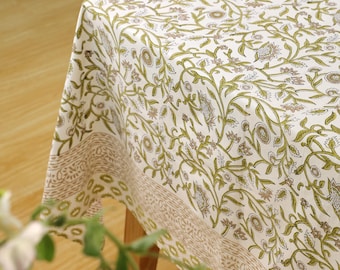 Toalha de mesa indiana estampada em bloco, conjunto de guardanapos e capa de mesa de algodão com estampa floral de folhas verdes, decoração personalizada para mesa de fazenda indiana.
