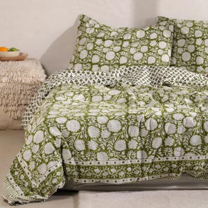 Moss Green Floral Duvet Cover, Indian Hand Block Print Duvet Cover with Pillowcase & Shams, Cotton Sateen Fabric, King, Queen, Twin, Full