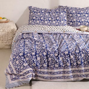 Hand Block Print Duvet Cover, Comforter Cover Set, Printed Fabric Duvet Cover Set, Blue Floral Cotton Duvet Cover Set Linen Cover Home Decor