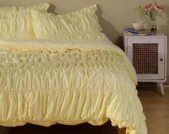 Yellow Pastel Cotton Cinched Wrinkle Duvet Cover, Boho Comforter Cover, Queen Duvet Cover, Bohemian Dorm Cozy Bedding Set, Farmhouse Bedding