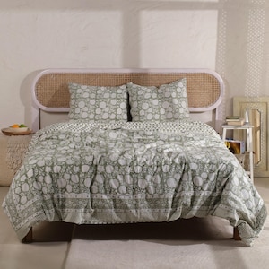 Sage Green Flower Duvet Cover, Indian Hand Block Print Duvet Cover with Pillowcase Cotton Sateen Fabric, King, Queen, Twin, Full
