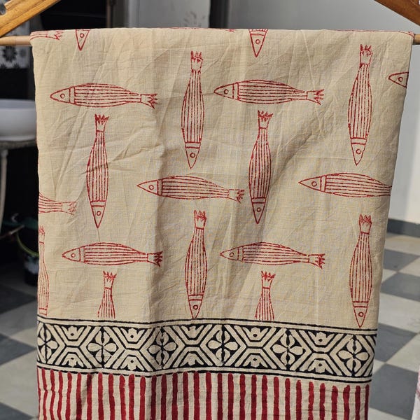 Handtryckt bomullsarong, fiskpareo strandsjal fisktryck strandklädsel