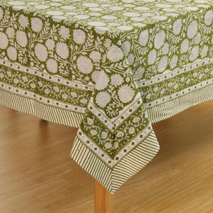 Moss Green Floral Indian Block Print Table Cover With Napkins – Floral Boho Cotton Table Linen, Handmade Dining Decor, Perfect Gift For Home