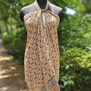 Hand Block Printed Zari Cotton Sarong, Beach Wrap Pareo, Long Scarf, Cover up, Soft Fabric Scarf, Fashion Shawl Beach Sarong