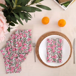 Pink Green Cotton Napkins Hand Block Printed Napkin Set 100% Soft Cotton Bohemian Weddings Napkins, Reusable Table Cloth Dinner Napkins