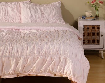 Blush Pink Color Pure Cotton Wrinkle Duvet Cover, Comforter Cover, 100% Cotton Boho Duvet Cover, Bohemian Dorm Bedding Set, Quilt Cover Gift