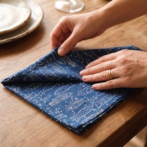 Indigo Blue Hand Block Printed Cotton Napkins | Fish Motif Table Linen Set for Dinner, Wedding, Housewarming Gift, Reusable Cloth Napkins