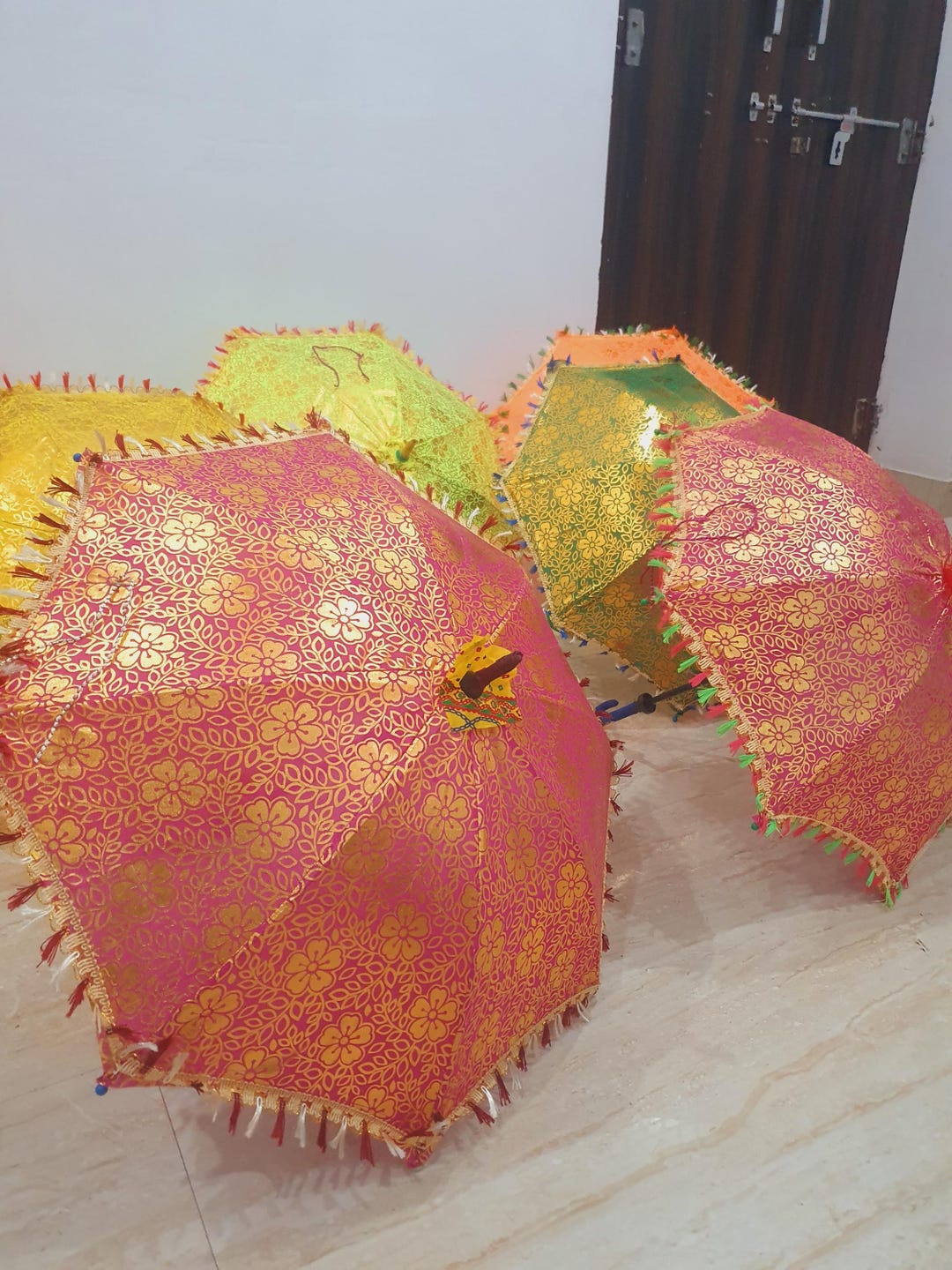 10 Pcs Silk Gold Printed Umbrella Indian Event Decor Ethnic Wedding