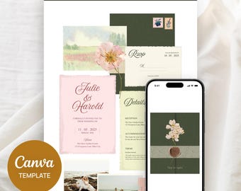 Pink and Green Wedding Website Template: Editable Canva RSVP Invite