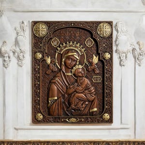 Hand-Carved Wooden Our Lady of Perpetual Help Statue - Catholic Wall Art