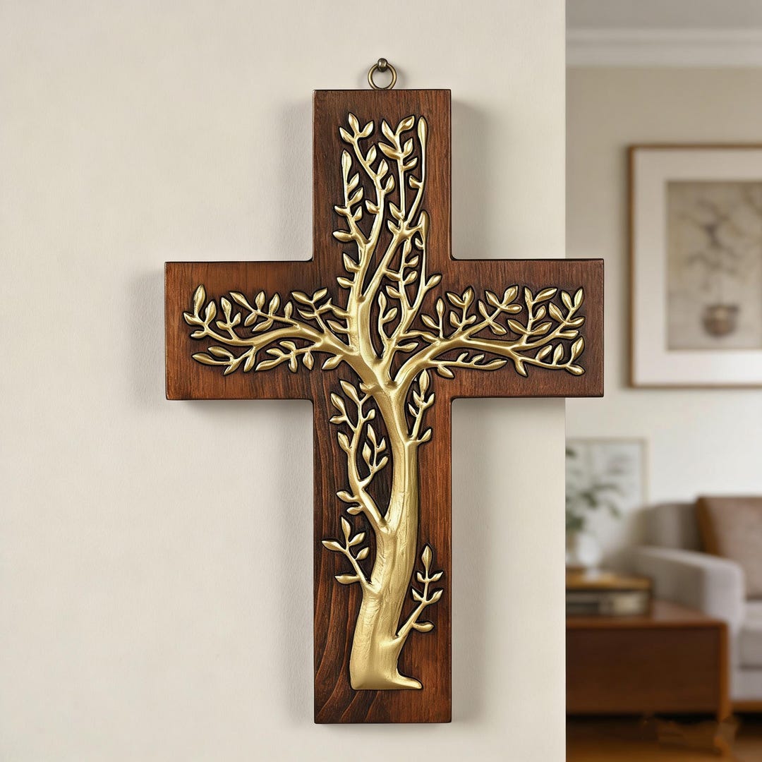 Hand Carved Wooden Cross Wall Decor - Tree of Life Design - Christian ...