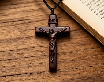 Hand Carved Rosewood Cross Necklace,Wooden Pendant, Christian Gift for Men Women, Religious Jewelry