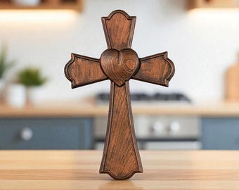 Eternal Heart Wooden Hand Carved Cross for Wall Decor, Religious Gift Cross