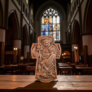 Hand-Carved Archangel Michael’s Cross Christian wood carving prayer corner art wall hanging- Gift Included