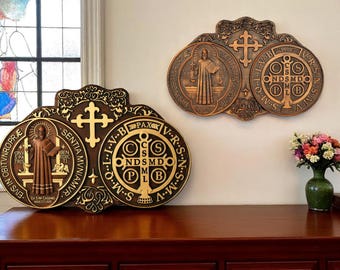 Hand geschnitzte St. Benedikt Medaille - Buchenholz katholischen Haussegen-kostenlos zufällig Geschenk inklusive